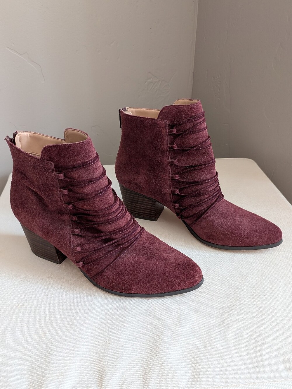 Sole Society Burgundy Cow Suede Lace-Wrap Ankle Boots Size 9